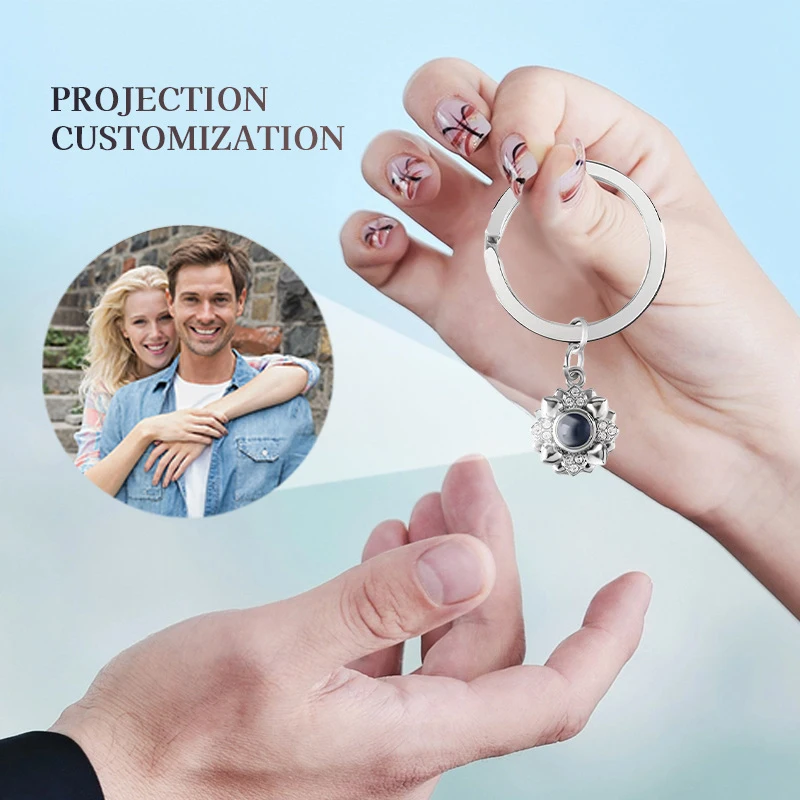 Personalized Picture Projection Keychain Custom Photo Keychain Sunflower Moon Pendant Keychains Memorial Gifts for Lover