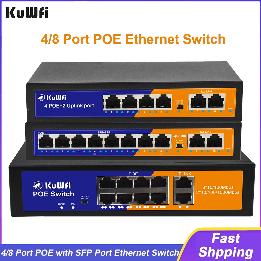 

KuWFi 4/8 Port POE Ethernet Switch Extend 250 Meter Unmanaged Network Switch 2 Port UPLink Home Lab Setup Switch Plug and Play