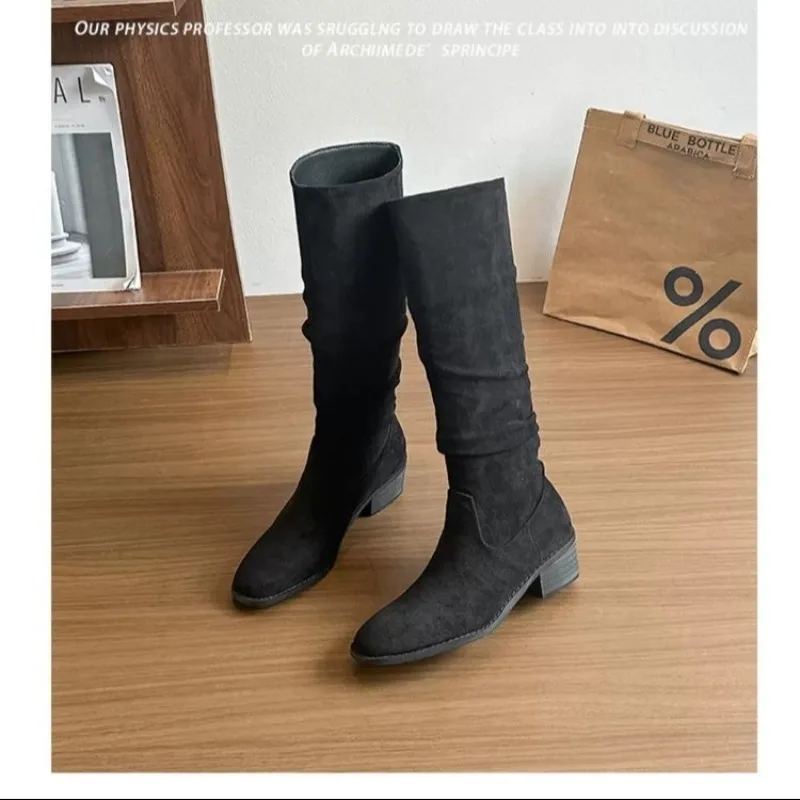 Sturdy and Thick Heel Women's New Autumn-winter High-topped Retro Pleated Boot Long Boots