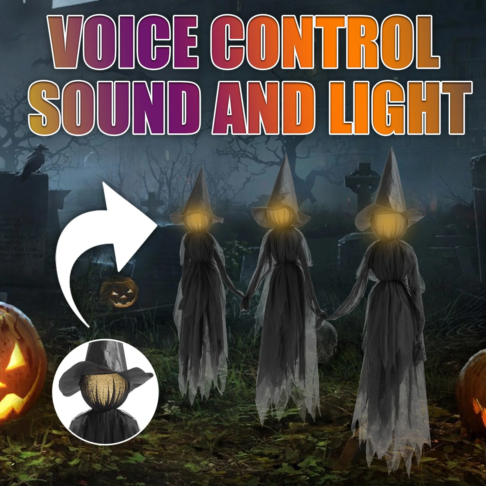 150cm Halloween Light-up Witches Voice Control Screaming Witches Scary Decoration Sound Activated Witches Holding Hands for Home