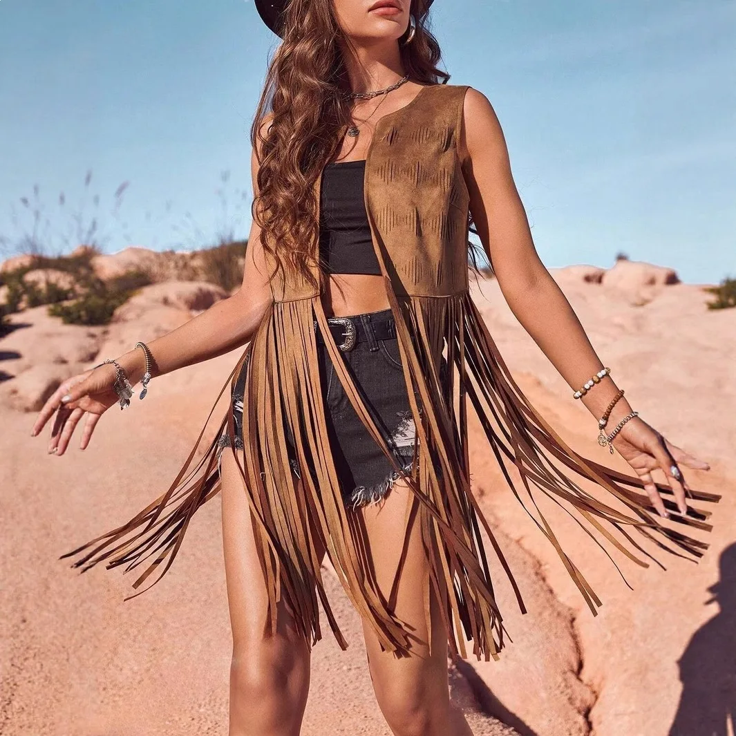 European and American style women's fashionable fringed vest sleeveless cardigan