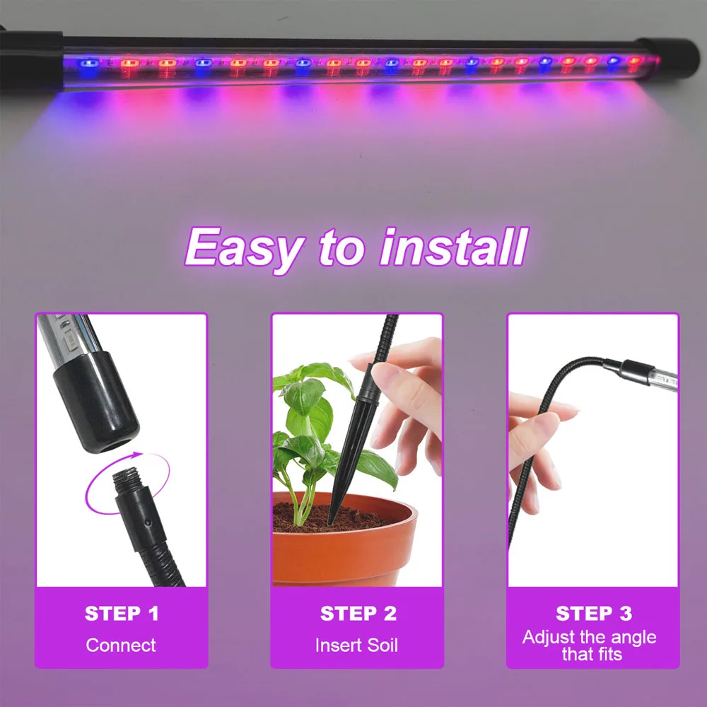 

USB Plant Grow Light LED Red Blue Spectrum with Hose for Soil Insert Use Switchable Lighting Timed Dimming Feature