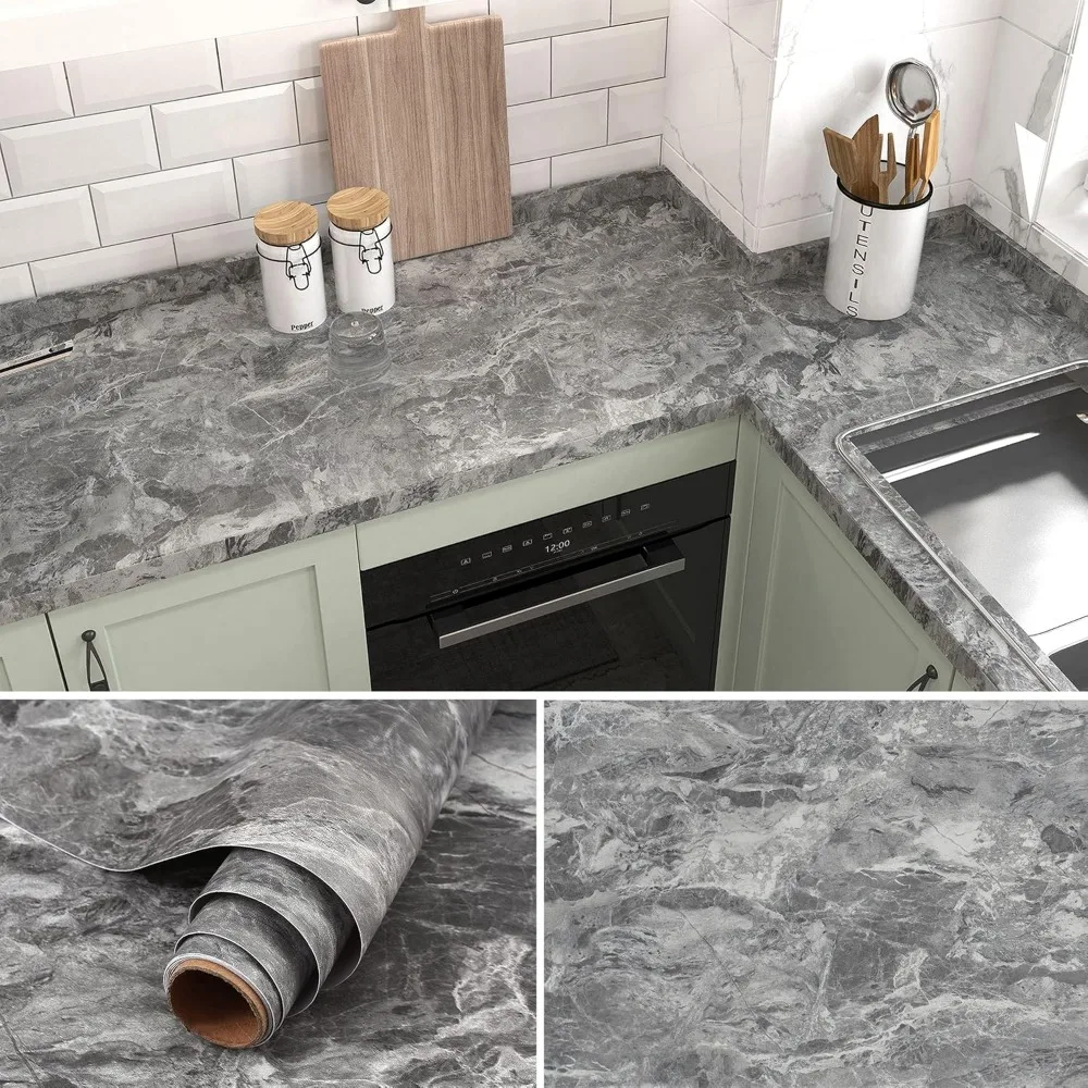 Classic Grey Marble Vinyl Auto Wrap Protector - Waterproof, Heat-Resistant, 3D Thick, 24x356 for Auto Modification Wallpaper