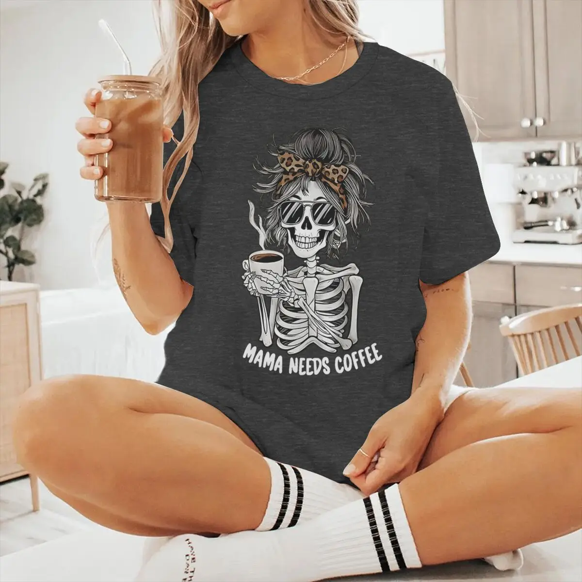 Mama Needs Coffee Vintage Women's T-shirts Fun Skeleton Coffee Print Graphic Short Sleeve T Shirt Casual Coffee Mom Tshirts Gift