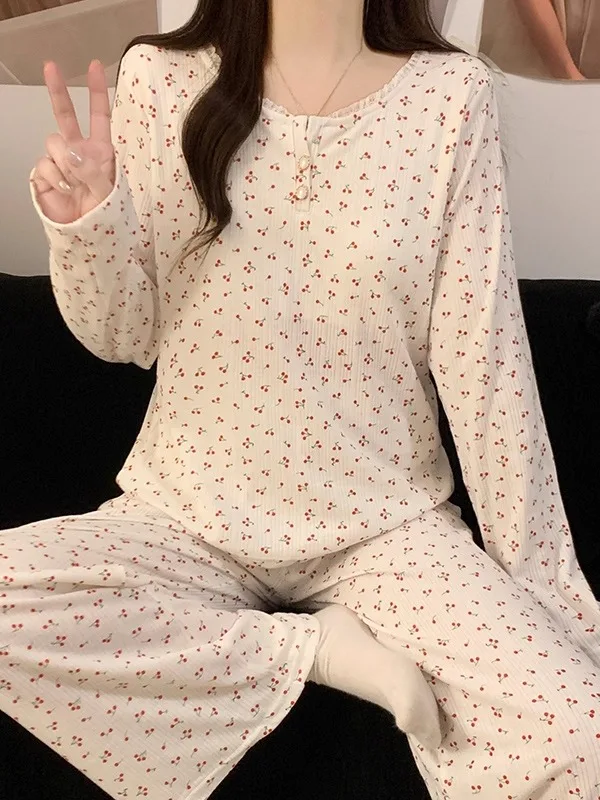 Women's Long Sleeve Sleepwear Spring Autumn Combed Cotton Cherry Sexy with Chest Pad Home Clothes Set Anti-Bulge Points