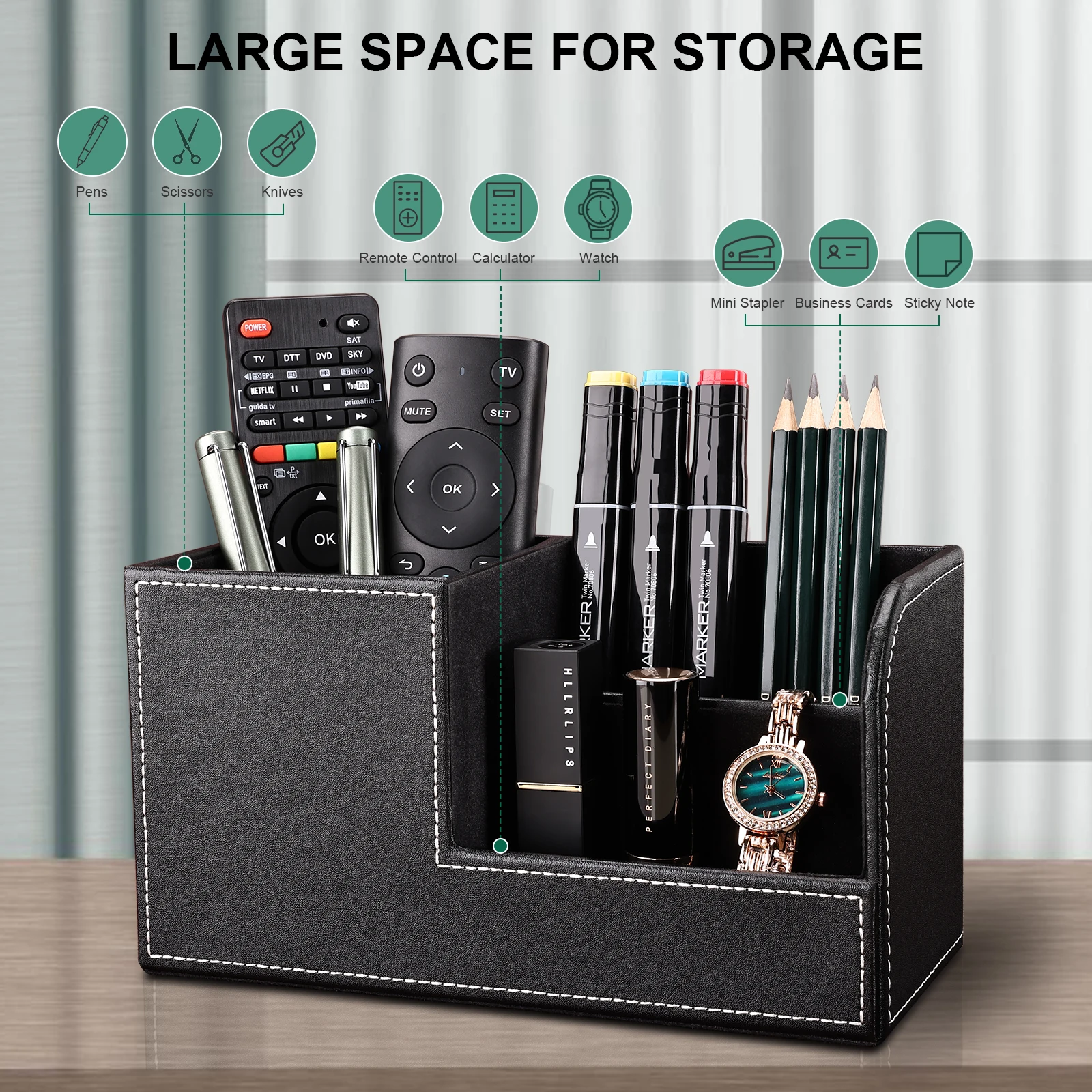 Kingfom Office Desk Storage Organizer Set PU Leather File Rack Stationery Pen Holder Tissue Box Keys Accessories Tray Black