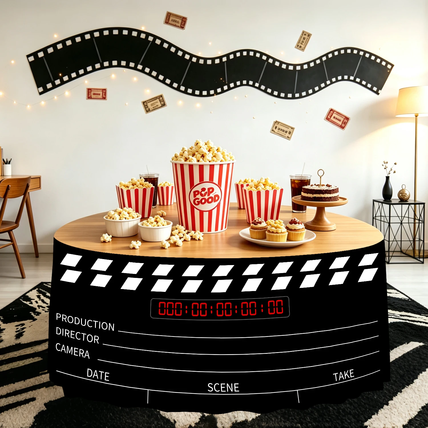 Movie Night Clapperboard Table Skirt Black Film Clap Table Cover Hollywood Cinema Party Decor Supplies