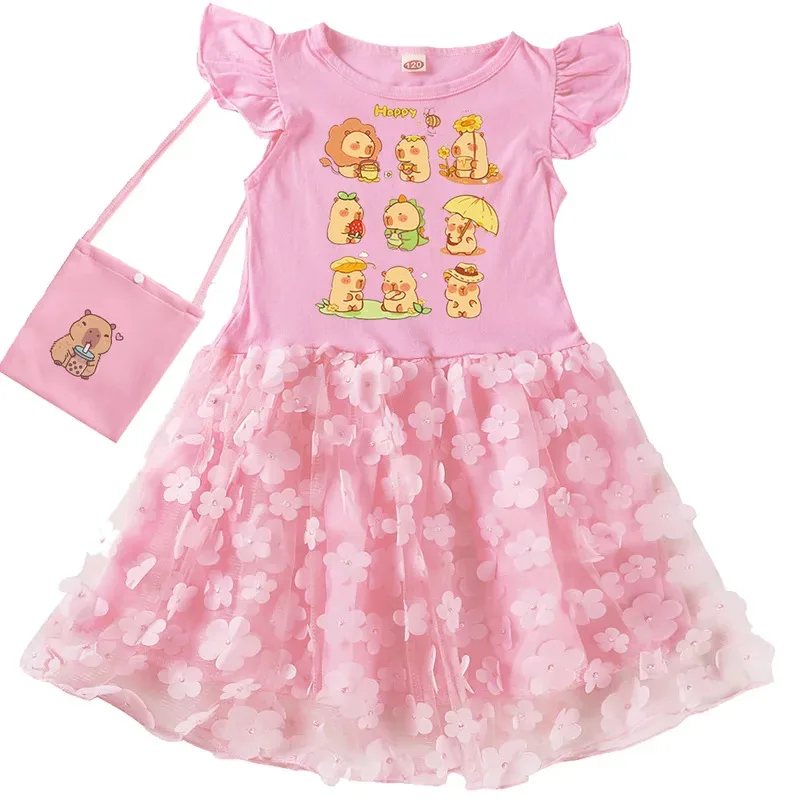 111 www فستان ملابس قطنية للأطفال لطيف كابيبارا مطبوع من الدانتيل فساتين الأميرة للفتيات الصغيرات هدية حفلة عيد ميلاد