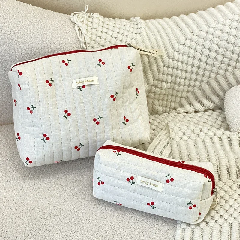 Bolsa de almacenamiento de viaje de algodón acolchado para mujer, bolsas de cosméticos Retro cereza para mujer, estuche de lápices de diseño bonito para niñas, bolso de maquillaje, bolsos