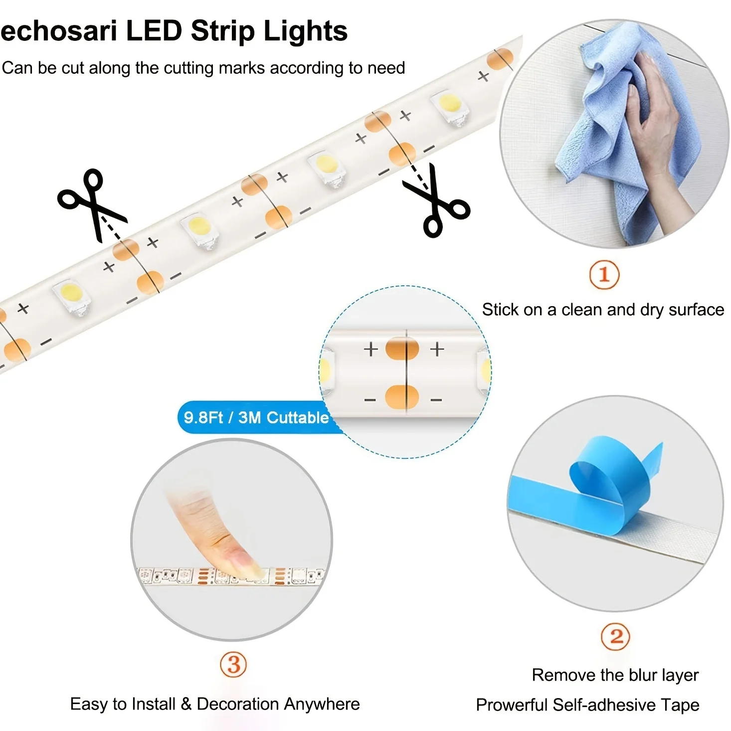 5v Strip Lights Strip Lights with Remote Cool White,60Led/M,8 Modes,Dimmable,Self-Adhesive,Cuttable,Waterproof,Battery Powered