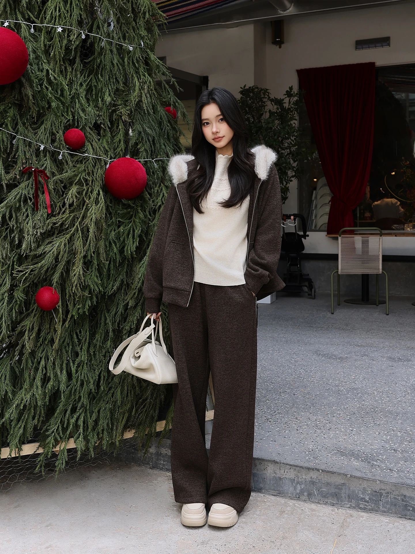 

Теплый модный комплект с флисовой подкладкой и большим меховым воротником, каштановый, из двух предметов, коллекция Yang's Personal ME Desert Museum