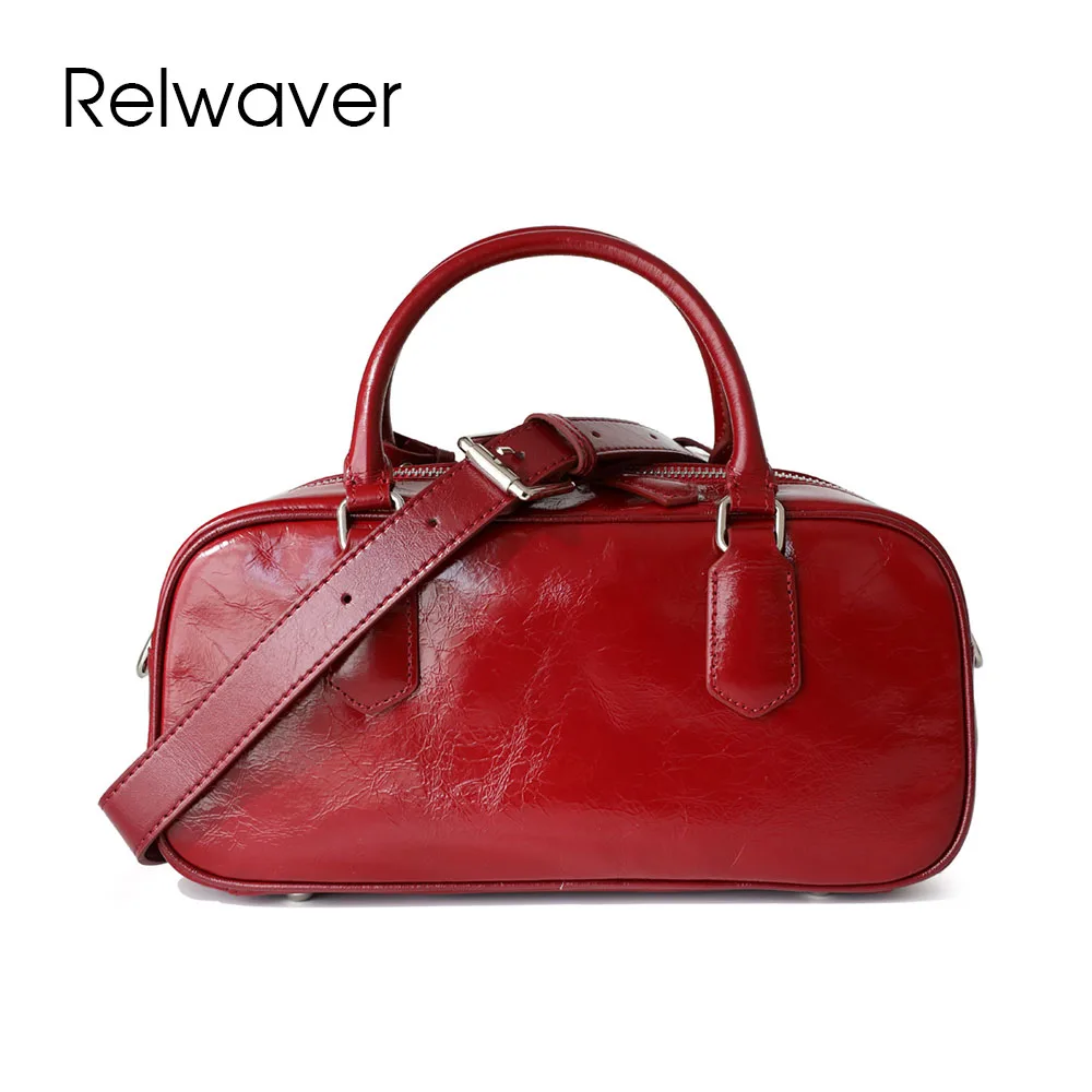 

Relwaver way top layer cowhide Boston bag genuine leather handbags for women 2024 spring summer shoulder crossbody pillow bag