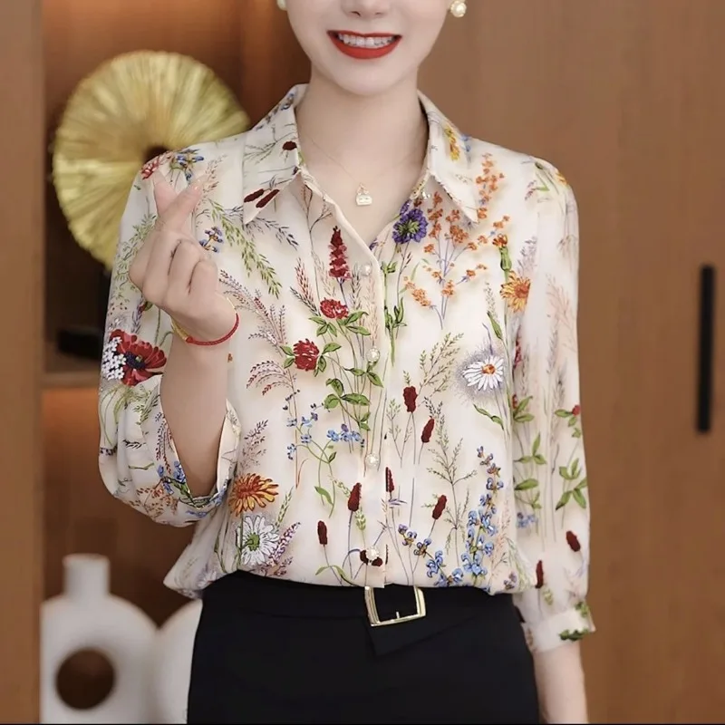 Spring Autumn Long Sleeve Button Up Cardigan Women\'s Clothing Turn-down Collar Casual Plant&Flowers Printing Shirt Elegant Tops