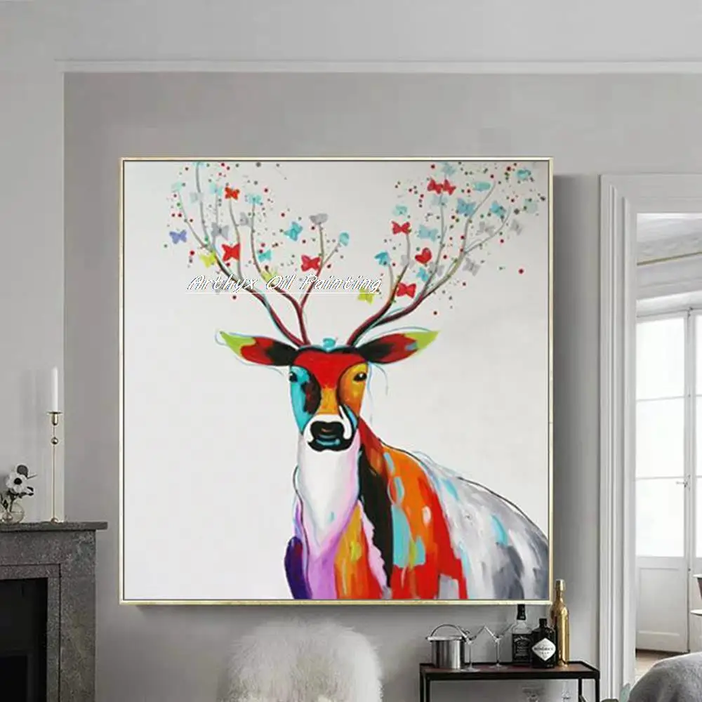 Arthyx Modern Abstract Pop Art Hand Painted Deer Animal Oil Painting On Canvas,Wall Picture For Living Room,Home Decoration Gift