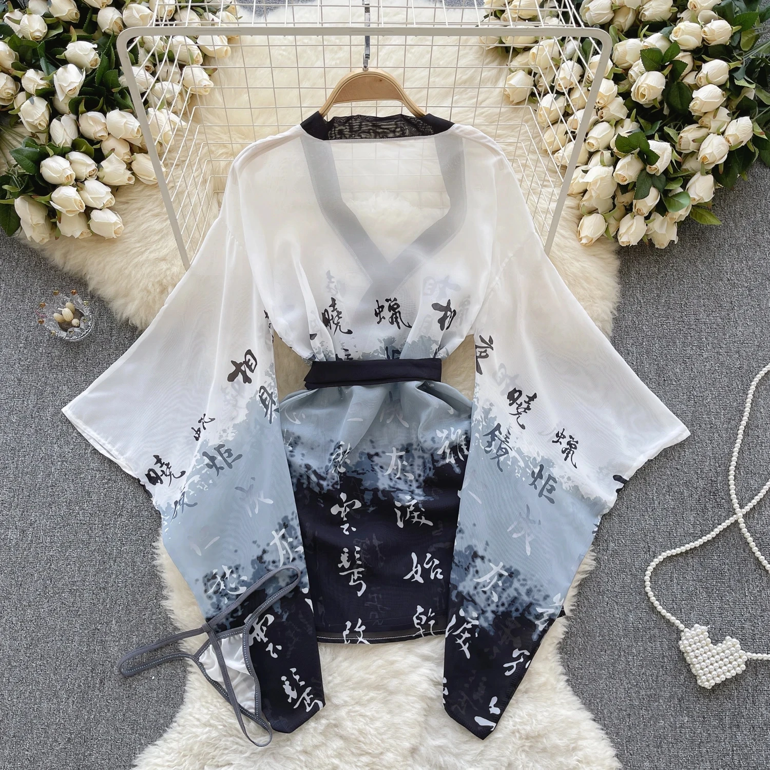 Sexy Kimono Chinese Characters Print Slightly Transparent One Piece Bathrobe Loose Sleeves Causal Top And Shorts Two-Piece Set