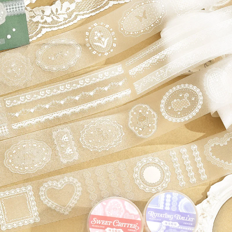 Mr.Paper 300cm/Roll Lace Waltz Glitter Sand Die-Cut PET Tape Vintage Lace Border for Journal Scrapbook Dairy Phone Case DIY Deco