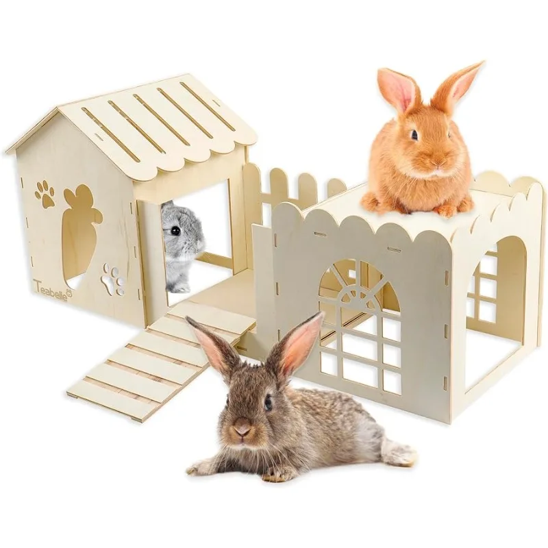 

Large Rabbit Wooden Hideout House, Multi-Chamber Small Animal Wooden Castle Cage, Bunny Playhouse Habitat Decor Tunnel for Dwarf