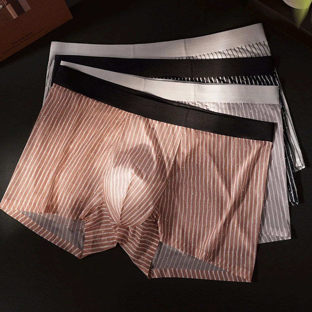 

Men Sparkling Diamond Striped Bikini Seamless Boxer Shorts Sheer Lingerie Ultra Hot Thin Underwear Breathable Trunks Underpants