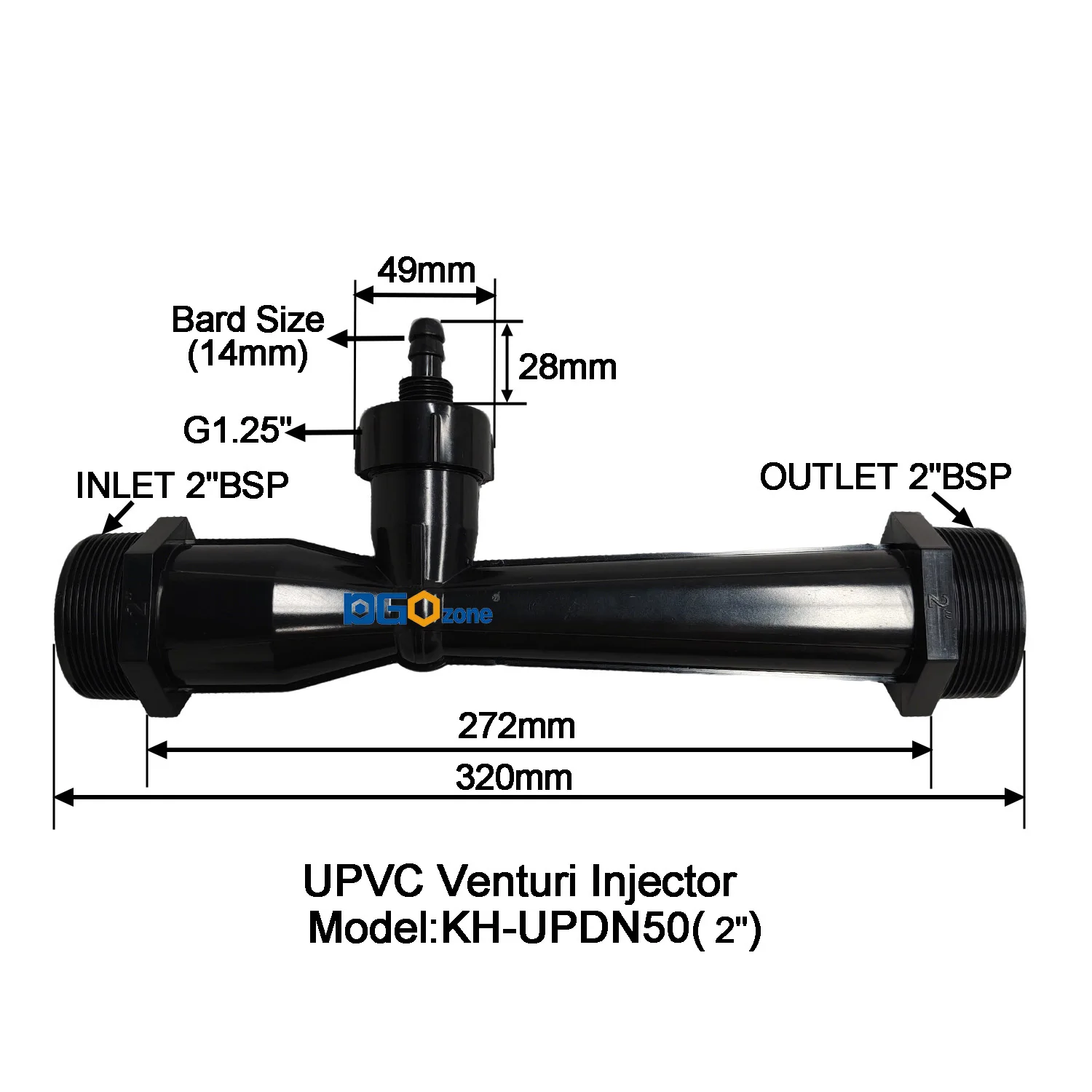 DGOzone 2' UPVC Venturi Injector for Mixing Liquid and Gas Tube Connecting BSP Thread KH-UPDN50 Water Tube Emitter