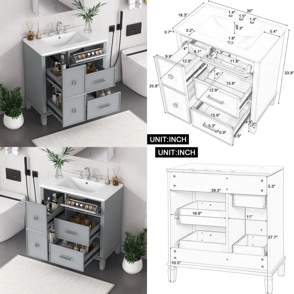 

30-inch vanities with ceramic sink, multi-tier drawers, solid wood legs, and stylish cabinet