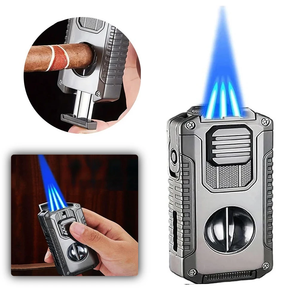 Accendino multifunzione per sigari, con funzione di torcia e tagliasigari a V, e supporto per sigari, ideale come strumento per candele, barbecue, campeggio e viaggi, un regalo perfetto per gli amanti