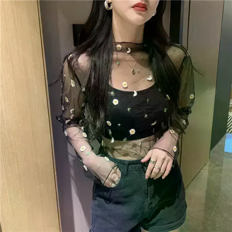 

Women T Shirt See Through Transparent Mesh Tops Long Sleeve Sheer Turtleneck