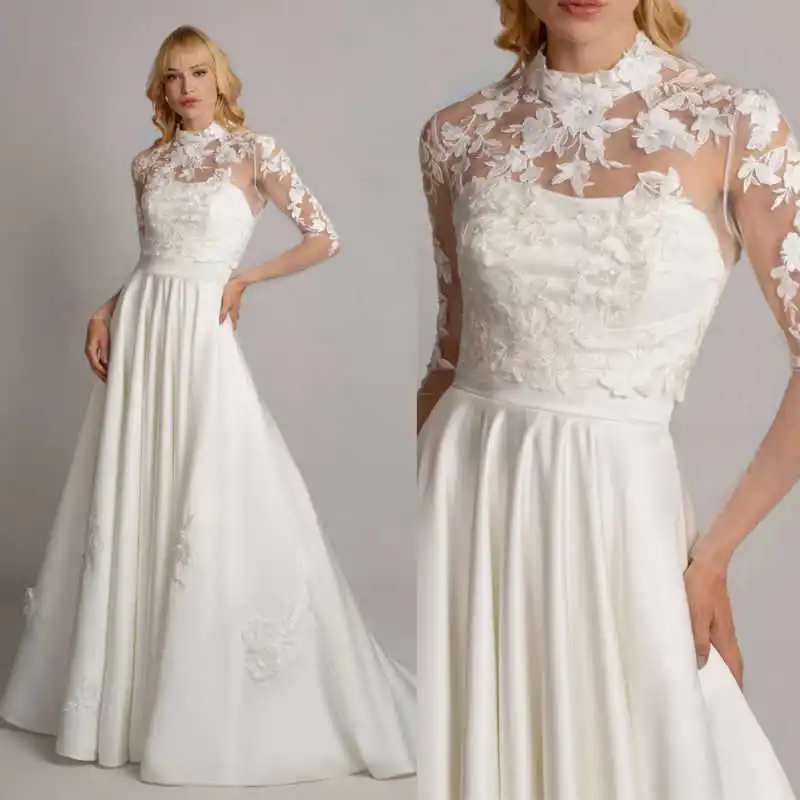  Customized Bridal Bolero Full Sleeves High Neck Lace Applique Button Bridal Top Formal Party Jacket Wedding Accessories