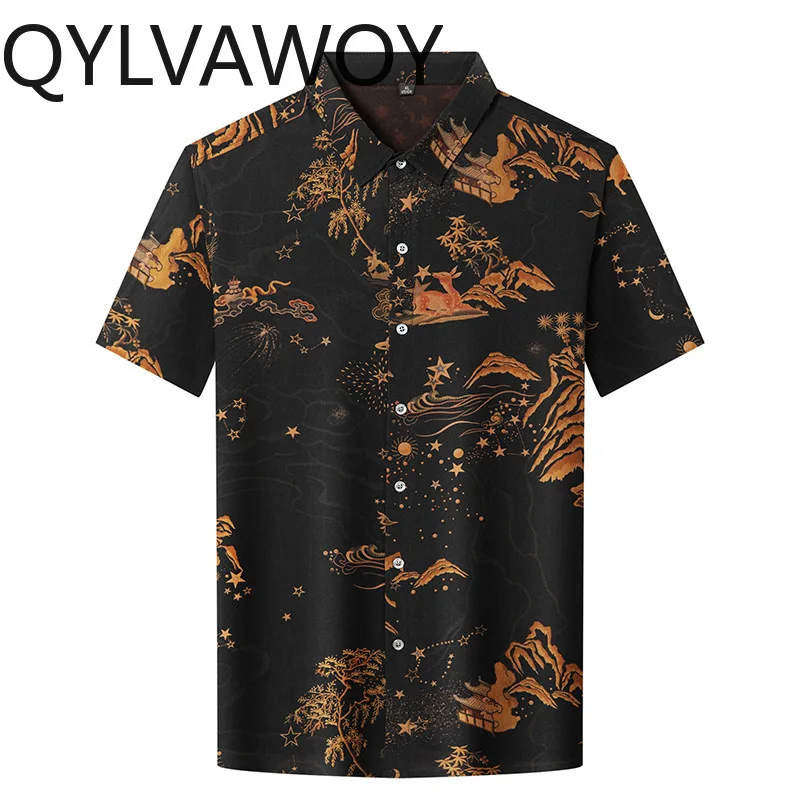 

QYLVAWOY 100% Real Mulberry Silk Men's Shirts Summer Menswear Clothing Floral Shirts Vacation Short Sleeve Tops Casual Fashion