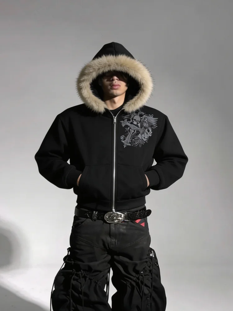 Autumn and Winter Harajuku Artificial Fur Collar Hoodie Y2K Aesthetic Pattern Hip Hop Punk Gothic Zipper Men's and Women's Coat