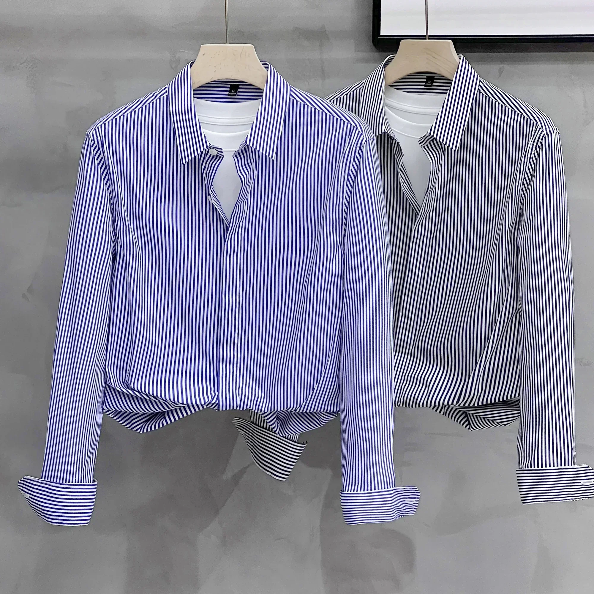 Camisas de botão elegantes camisas masculinas verificar camisa de alta qualidade uma moda de luxo roupas masculinas padrão listra mangas compridas homem