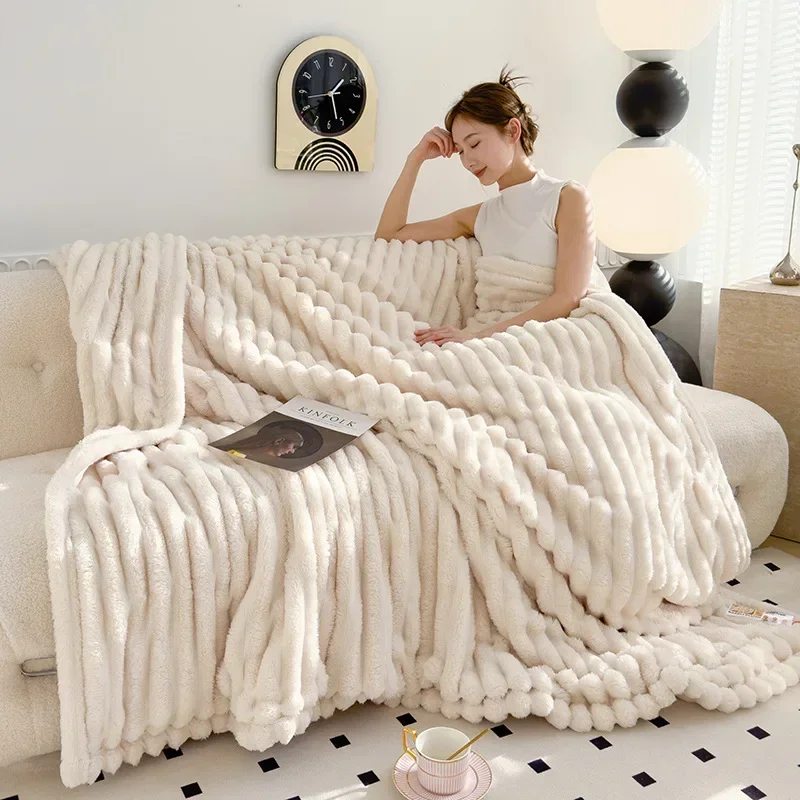 Artificial Rabbit Plush Striped Blanket Warm Soft Coral Fleece Sofa Throw Blankets Hicken Bed Sheet Sofa Towel Couch Cover