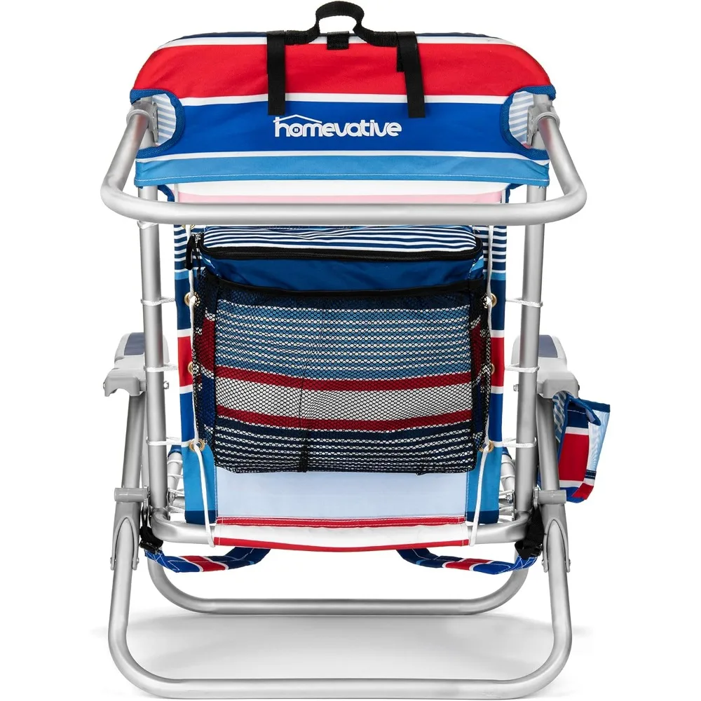 Cooler + mochila dobrável cadeira de praia com 5 posições, barra de toalha, bolsa térmica XL, rede de armazenamento, copo e suporte para telefone, fogos de artifício