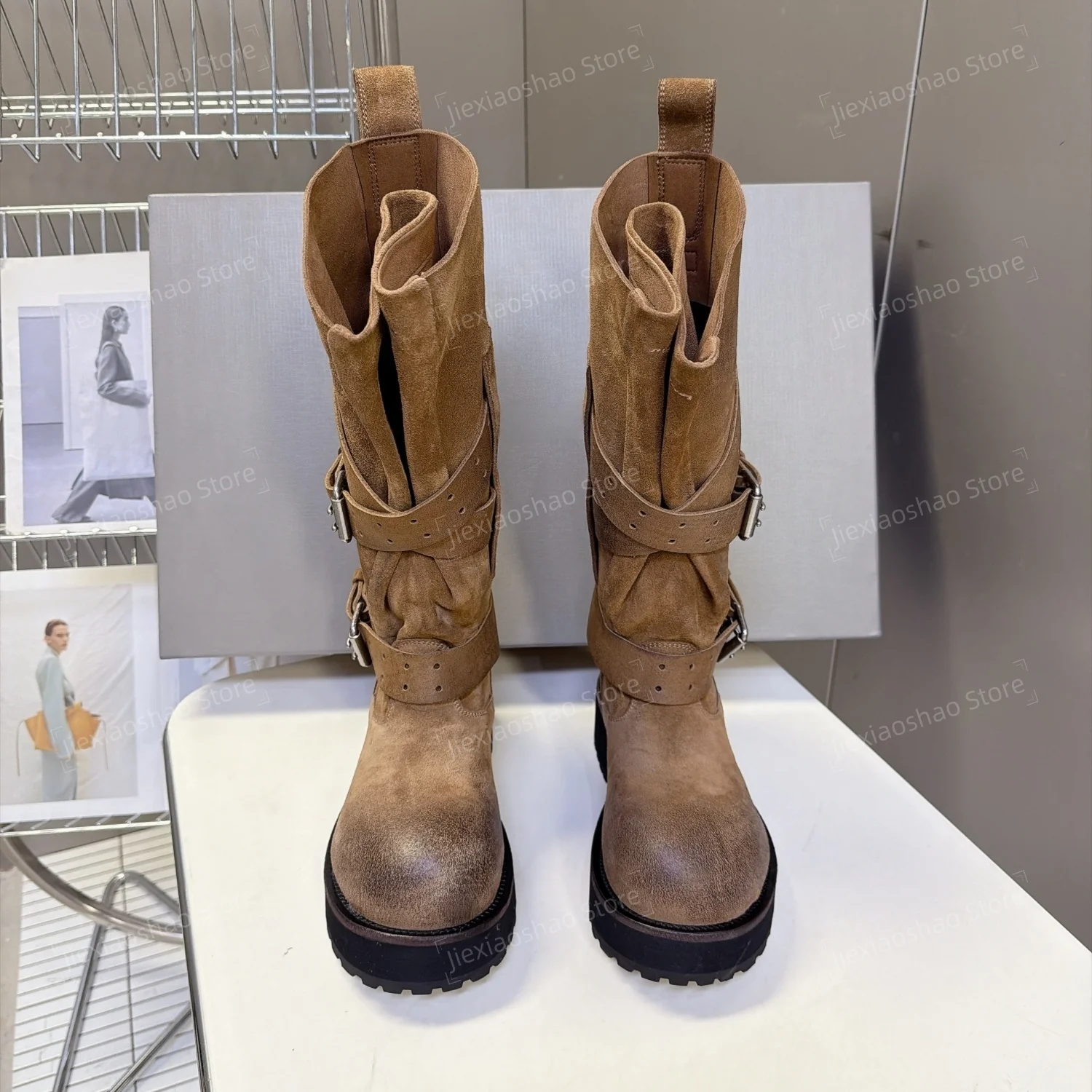 Desinger Top Quality Street Style Genuine Leather Round-Toe Chunky Heel Knee High Boots Woman Belt-Buckle Decora Slouch Boots