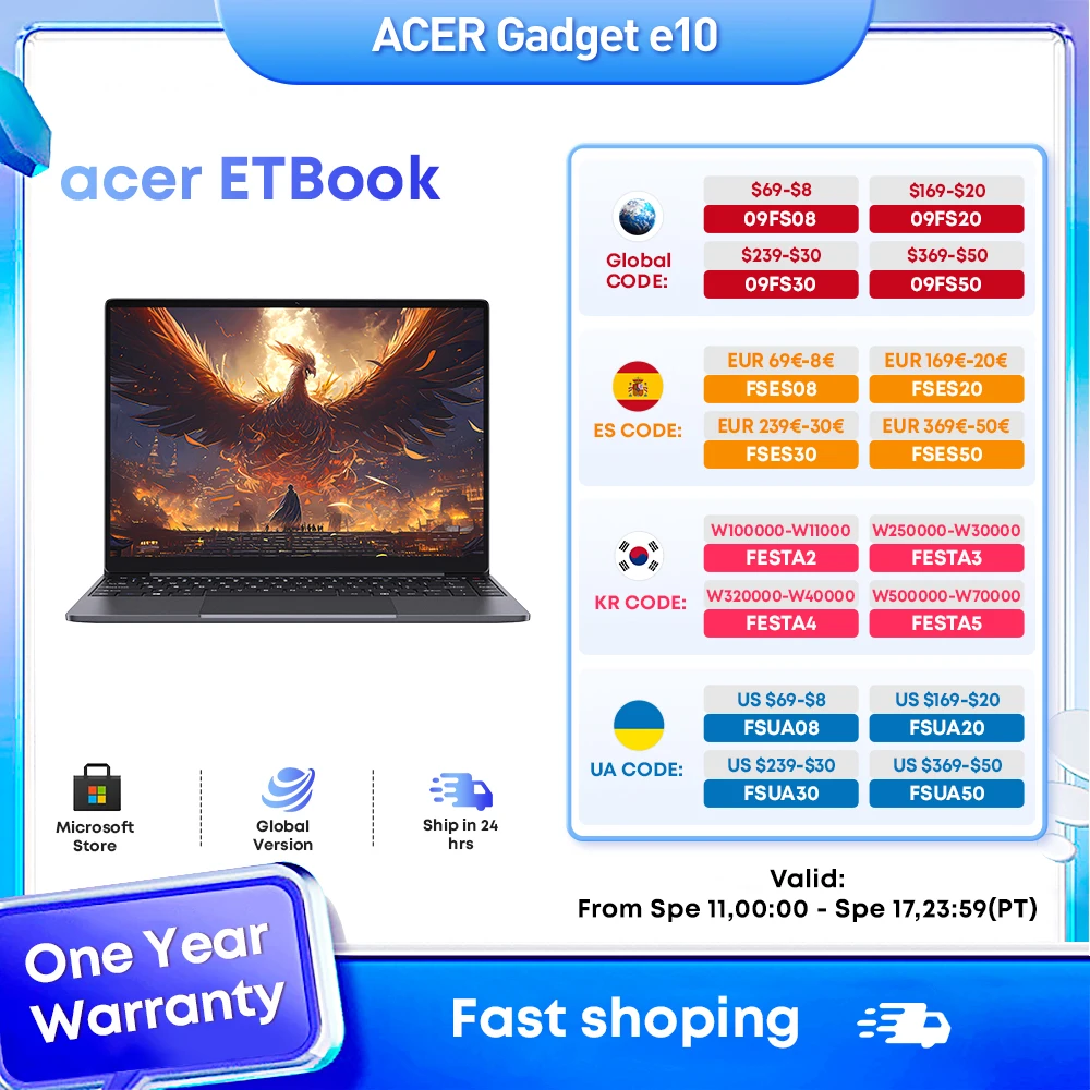 เอเซอร์แกดเจ็ต E10 etbook แล็ปท็อป14 "16GB RAM 512GB SSD Intel i5-12450H กราฟิกสำหรับคอมพิวเตอร์12th เจนเนอเรชัน2160*1440P Windows 11 WiFi6