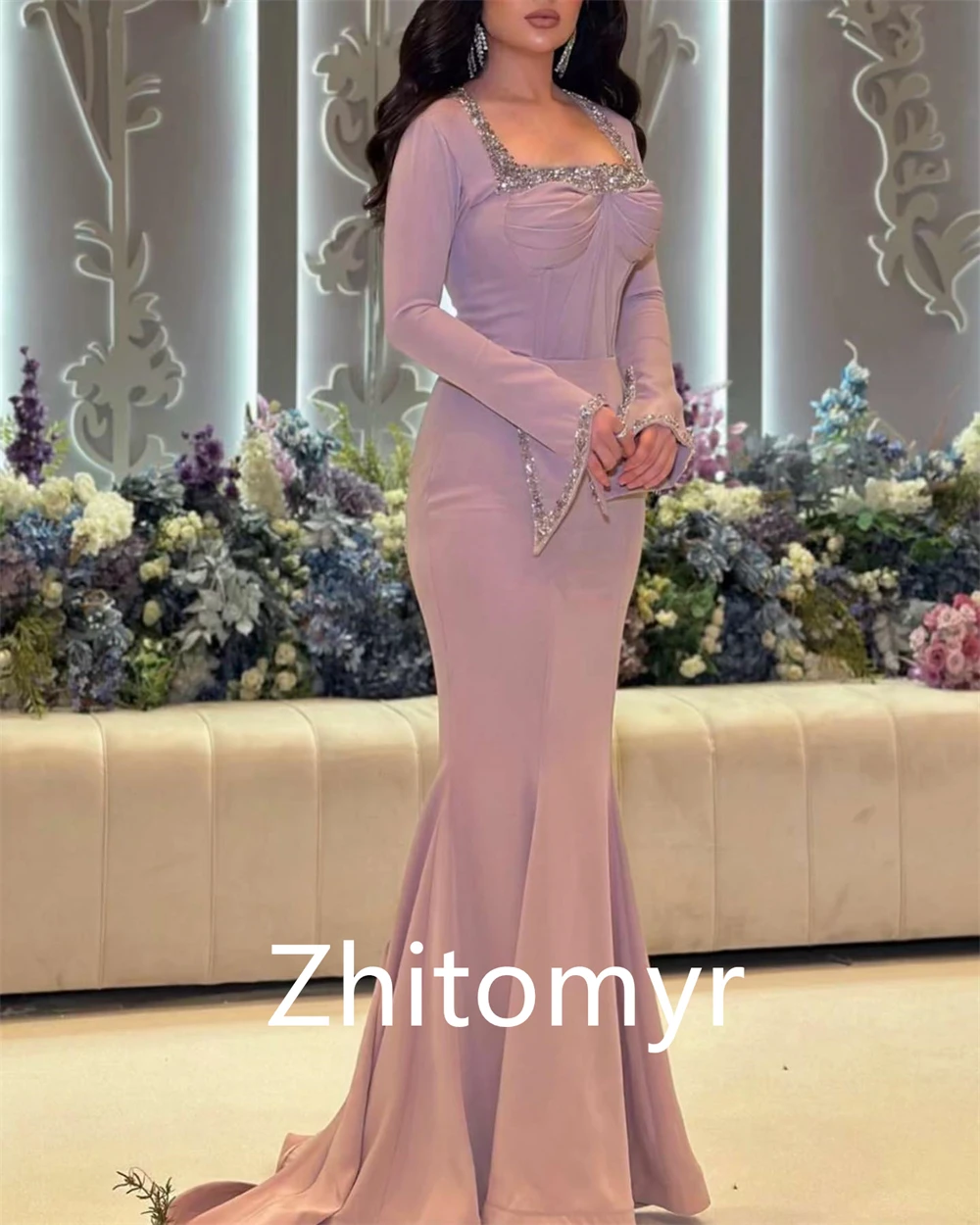 Customized Elegant Prom  Sexy Casual  Square Mermaid Party Dress Beading Paillette / Sequins Floor length Charmeuse Evening  202