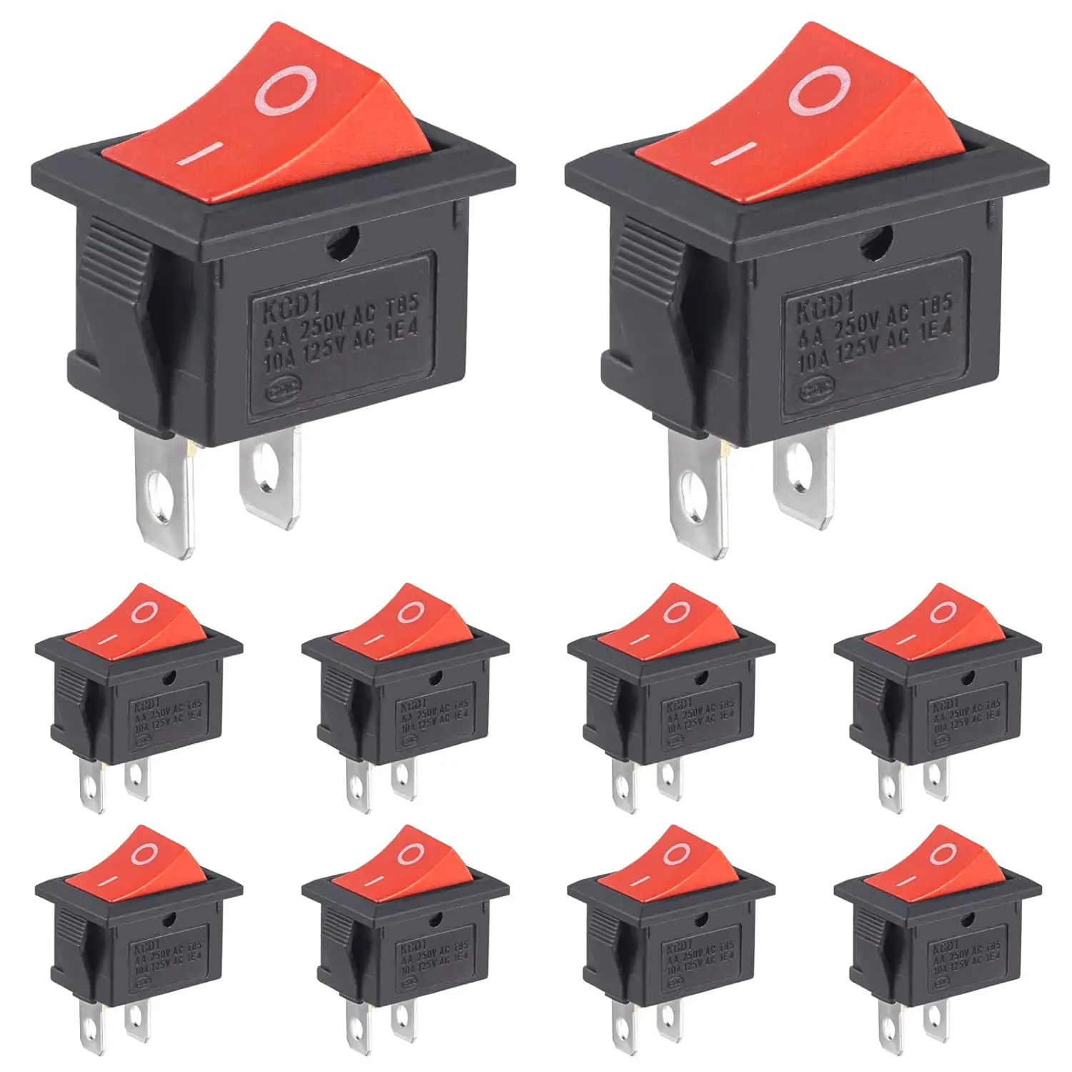 20pcs Mini Rocker Switch On Off 2 Pin Boat Rocker Switch 10A 125V 6A 250V AC KCD1 Red Snap-in SPST Toggle Switches for Car