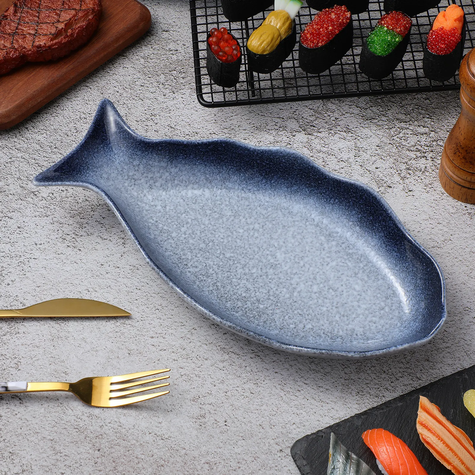 12 Inch Fish Shaped Ceramic Dish Premium Quality Food Tray for Entertaining Serving Platters Fish Tableware Microwave Oven Safe