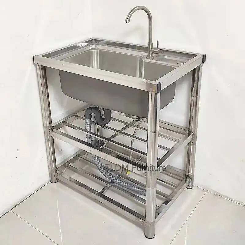 Thickened Stainless Steel Sinks for Kitchen Commercial Floor-standing Kitchen Sinks with Bracket Home Outdoor Dishwashing Sink Q