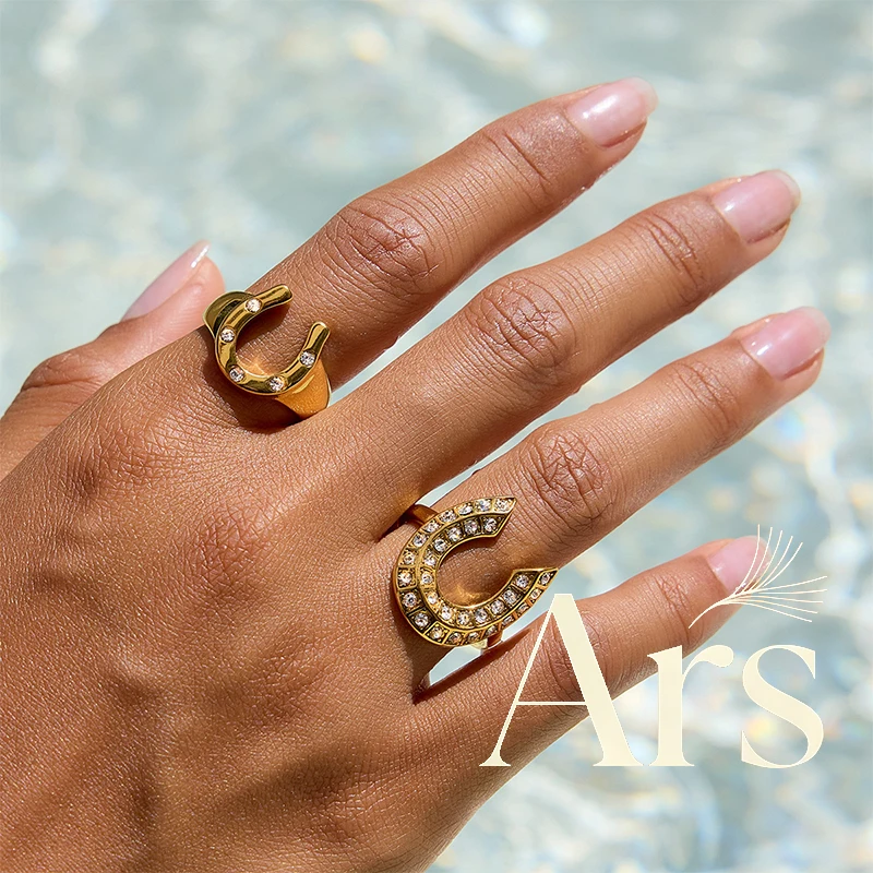 Ars الفولاذ المقاوم للصدأ على شكل حرف U خواتم 18 كيلو مطلية بالذهب مطعمة الزركون خاتم الحد الأدنى حلقة مفتوحة بيان خواتم هدايا للنساء