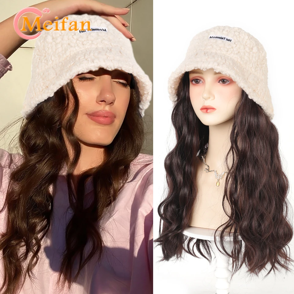 

Lamb Wool Bucket Hat Wig Synthetic Natural Black Brown Long Wavy Wig Natural Connect Winter Warm Hat Wig for Girl Outdoor Daily