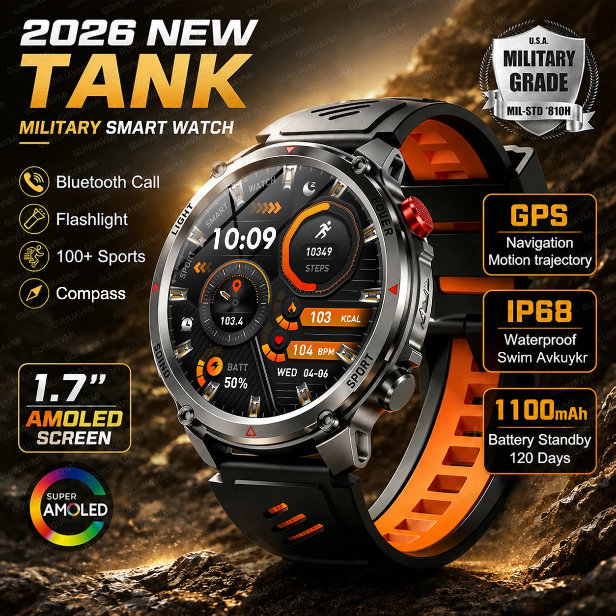 New TANK Men 1100mAh Battery Smart Watch 1.7