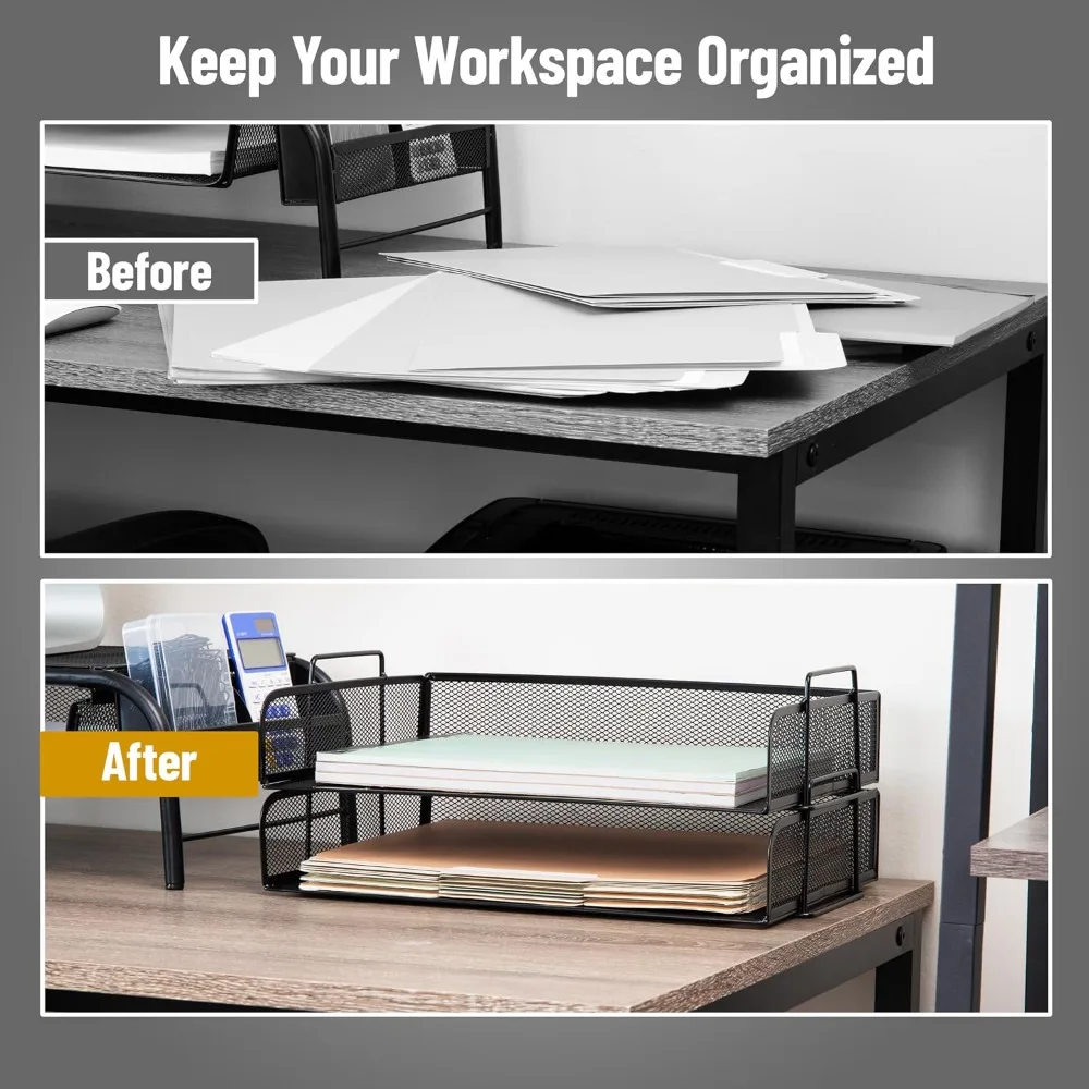 Stackable Paper Tray, Desktop Organizer, File Storage, Office, Metal Mesh, 2 Pcs, Black view 5