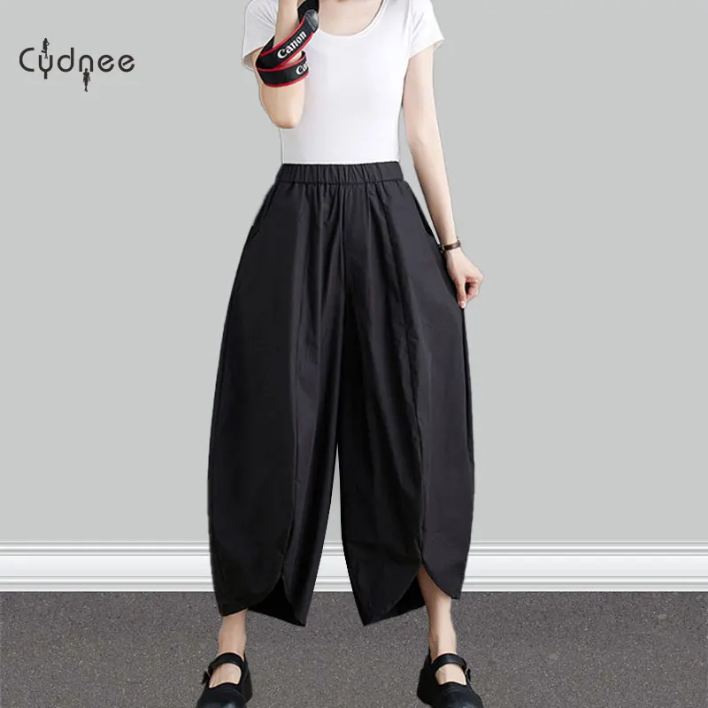 New In Spring Summer Cotton Capris High Waist Tailored Loose Wide Leg Pants Casual Straight Pants For Women