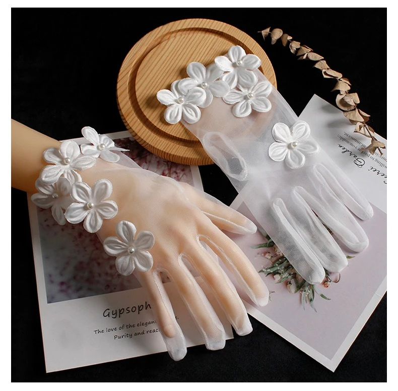 Gloves Wedding Tulle Pearl Flower Short White Vintage for Bride Photoshoot Formal Dress Premium Durable Elegant Accessory
