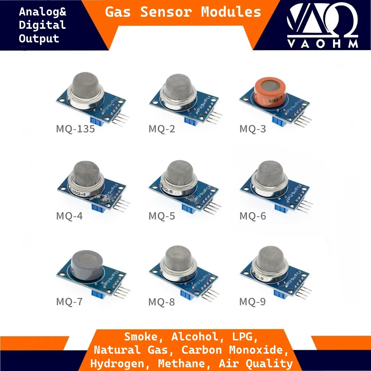 MQ-2 MQ-3 MQ-4 MQ-5 MQ-6 MQ-7 MQ-8 MQ-9 MQ-135 Alcohol Carbon Monoxide Methane Smoke LPG Hydrogen Natural Gas Sensor Module