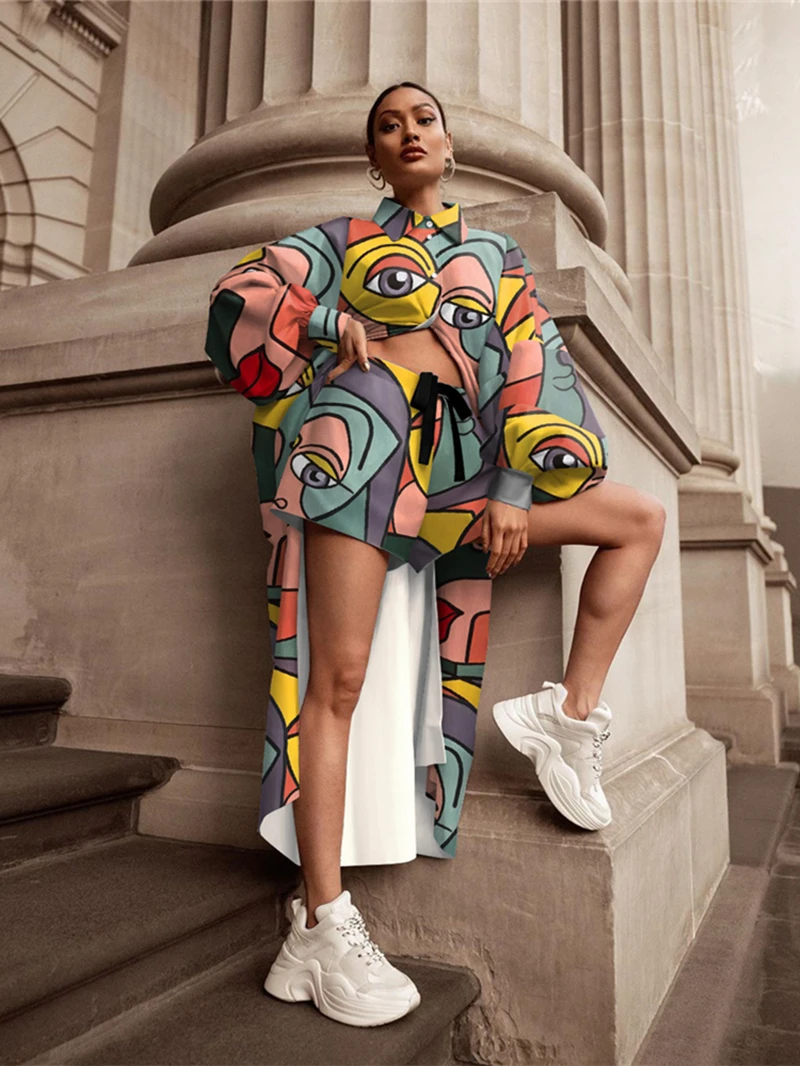 Oversized Two Piece Shorts Sets Women Tracksuit Autumn Clothes Cartoon Print Blouse Long Shirt Top Shorts Suit Fashion Woman Set