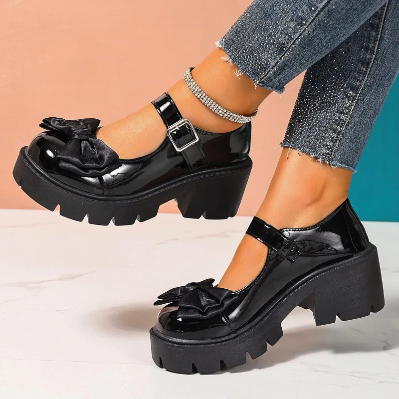 

Summer New Design Sense Niche Bow Block Heel Heightened Platform Sole One Belt Mary Jane Small Leather Shoes Women