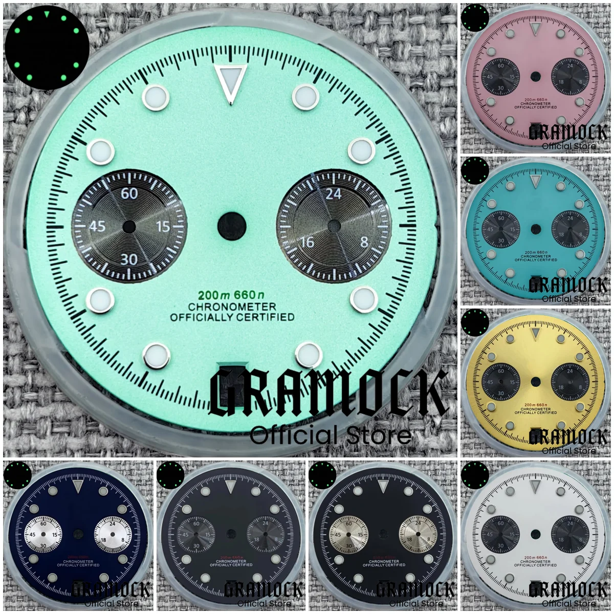Gramock 30mm VK64 Quartz Flamingo Green Pink Black Watch Dial 6 O'clock Date Luminous Sterile Dial Fit 39mm Case VK64 Movement