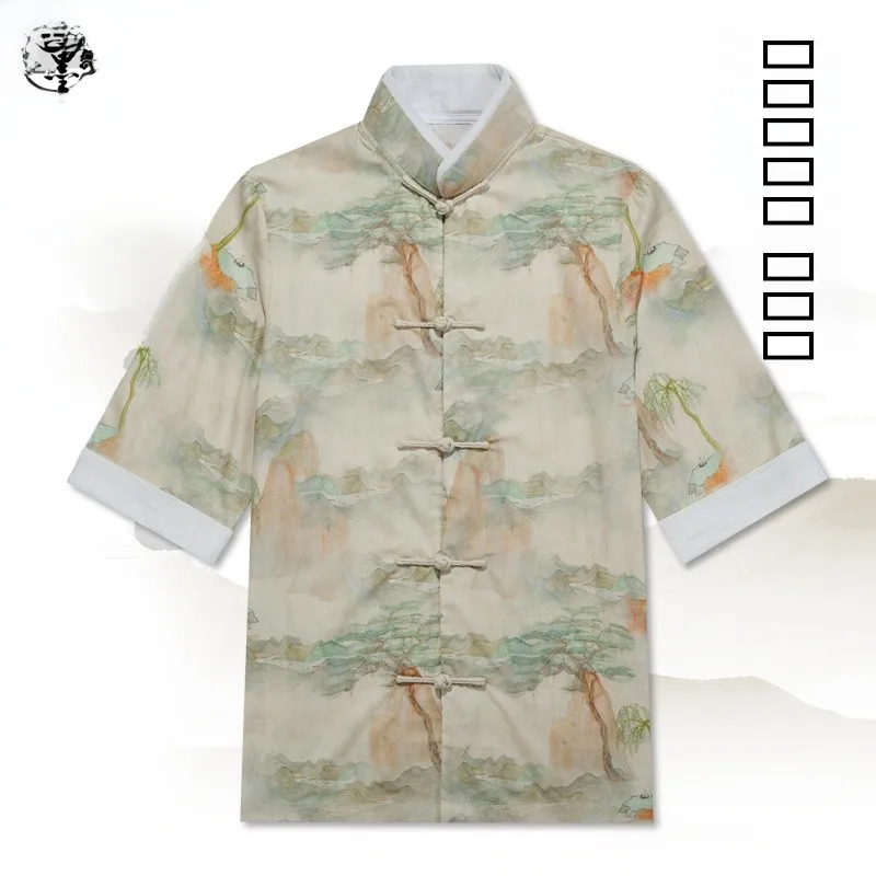 veste-d'ete-legere-en-coton-imprime-shanshu-pour-homme-manches-trois-quarts-haut-decontracte-tenue-quotidienne-tendance-style-ethnique-tang