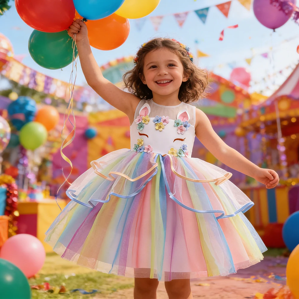 Kinder Mädchen Regenbogen Prinzessin Kleid für Karneval Geburtstag Kleid Mädchen Einhorn Tutu Kleid bunte Mesh Blume Abend Hochzeitskleid